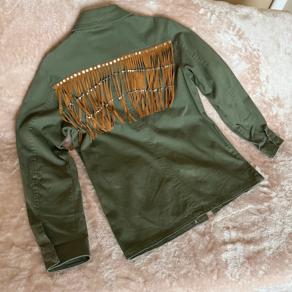 EUC Zara ZW Collection Military Studded Jacket with Fringe Khaki - Size S - Picture 4 of 10